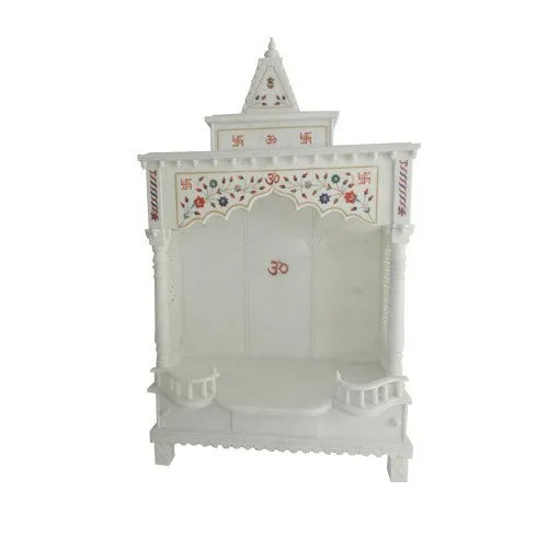 Om Swastik and Flower Design - 4ft x 2ft x 6ft White Marble Home Temple | Eco-Friendly Washable Lightweight Easy to Clean Polished Finishing