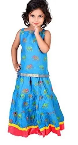 Girls Jaipuri Printed Cotton Sleeveless Sky Blue Party Wear Lehenga Top