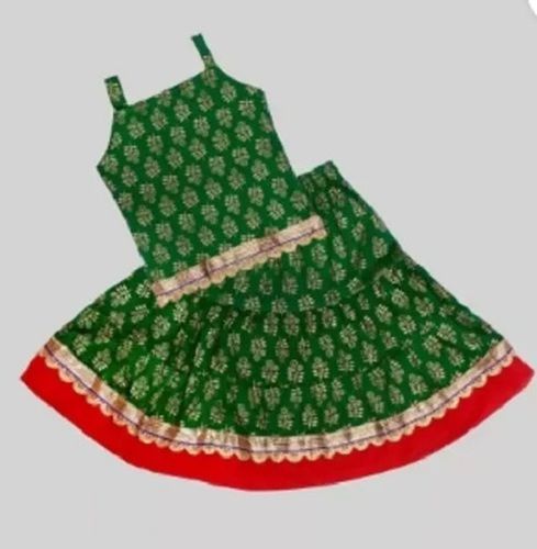 Girls Printed Cotton Sleeveless Party Wear Regular Fit Green Skirt Top Set