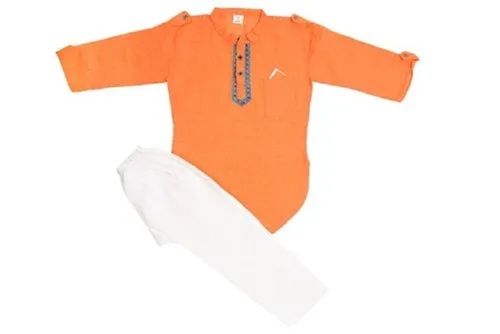 Kids Plain Khadi Collar Neck Long Sleeve Party Wear Kurta Pajama Set