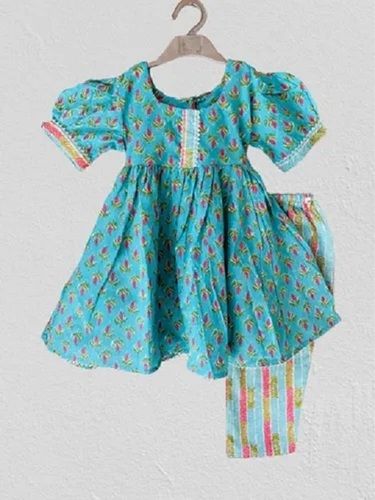 Kids Printed Cotton Short Sleeve Round Neck Casual Wear Blue Anarkali Suit