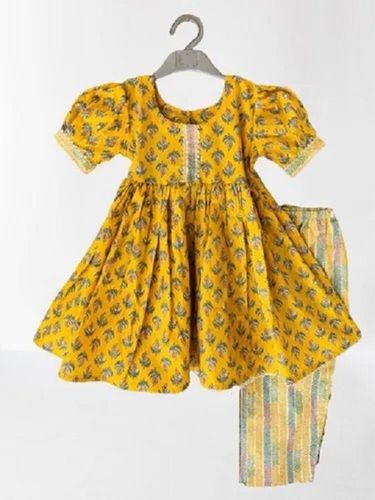 Kids Printed Cotton Short Sleeve Round Neck Casual Wear Yellow Anarkali Suit