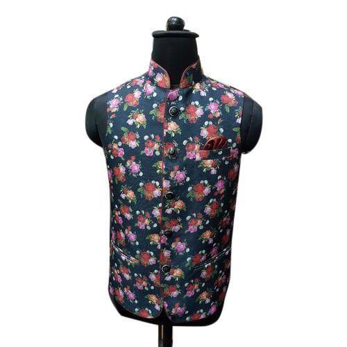 Multi Color Sleeveless Silk Fabric Party Wear Men'S Printed Nehru Jackets