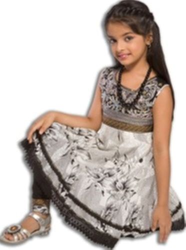 Trendy Sleeveless Laces Designer Printed Silk Anarkali Dress For Kids