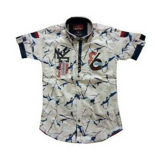 Casual Wear Boys Short Sleeve Straight Collar Printed Cotton Shirt