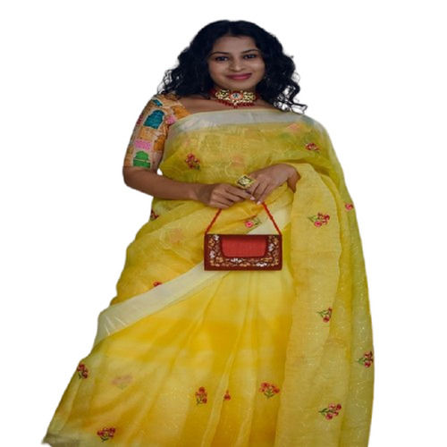 Yellow Indian Style Party Wear Floral Print Ladies Georgette Saree With Laces Closure