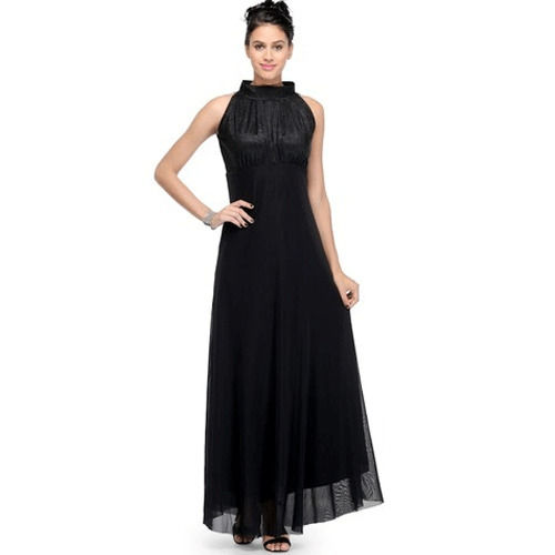 Ladies Plain Sleeveless Round Neck Party Wear One Piece Black Long Dress