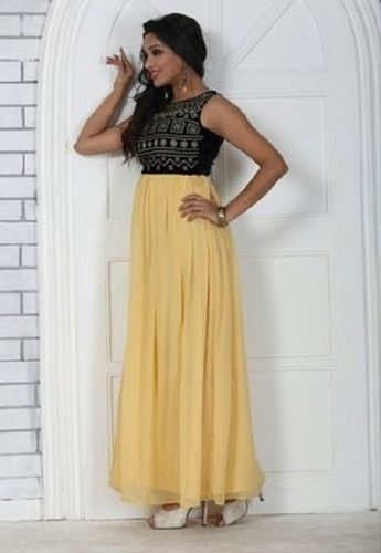 Ladies Zari Embroidery Sleeveless Round Neck Party Wear Long Gown