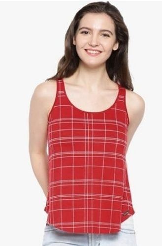 Ladies Checkered Pure Cotton Scoop Neck Sleeveless Casual Wear Red T-Shirt