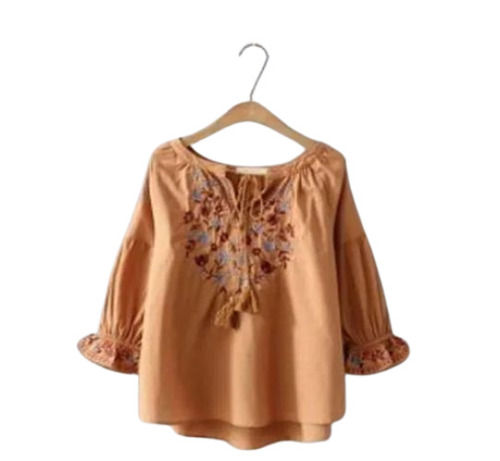 Multi Color 3/4th Sleeves Round Neck Cotton Fabric Embroidered Pattern Ladies Casual Tops 