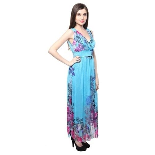 Sky Blu Sleeveless V-Neck Modern Georgette Ladies Printed Stylish Chiffon Dress