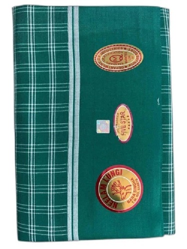 Hand Wash Type Checked Green And White Color Mens Cotton Dhoti For Casual Wear