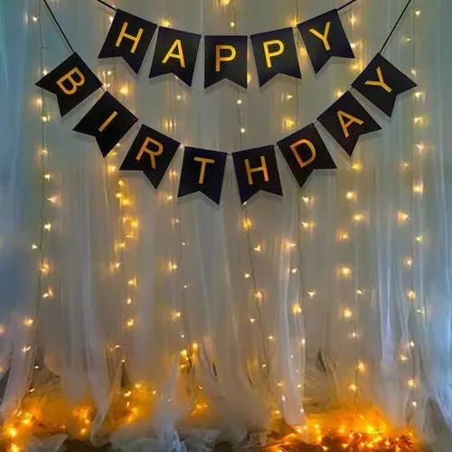 Black And Golden Curtain Birthday Banner For Birthday Decoration