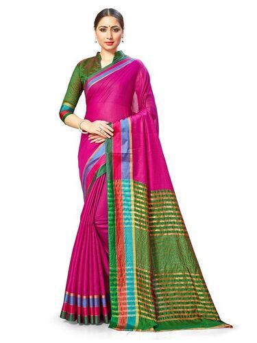 Leeza Store Women's Cotton Silk Kota Doria Jacquard Woven Zari Contrast Colour Border Saree