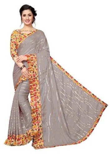 Designer Ruffle Silk Saree - 6 Meters, Grey Color with Blouse Piece | Handwash, Breathable, Quick Dry, Skin-Friendly, Casual Wear for Ladies 18-55 Years