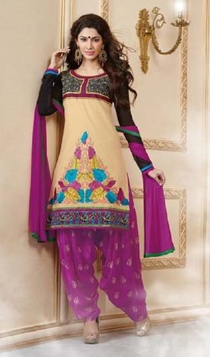 Ladies Embroidered Round Neck Long Sleeves Casual Wear Patiala Salwar Suit