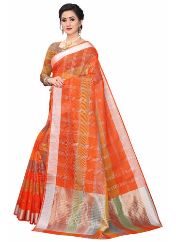 Orange Leeza Store Women'S Checkered Woven Jacquard Kota Doria Contrast Color Silver Zari Border Saree 