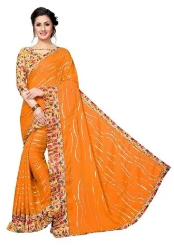 Ladies Ruffle Silk Saree - 6 Meters Length, Orange Casual Wear with Blouse Piece | Handwash, Skin-Friendly, Highly Absorbent, Breathable, Quick Dry