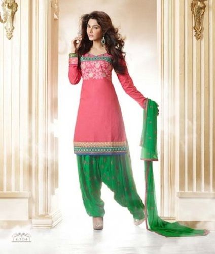 Pink And Green Printed V Neck Long Sleeves Casual Ladies Patiala Salwar Suit