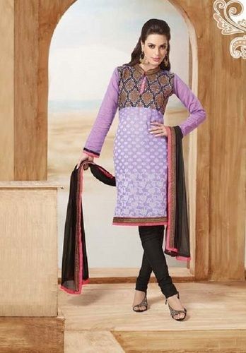 Purple And Black Cotton Printed Stand Neck Long Sleeves Ladies Salwar Suit