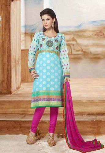 Sky Blue And Pink Cotton Printed Sweetheart Neck Long Sleeves Salwar Suit