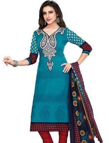 Sky Blue Embroidered V Neck 3/4th Sleeves Casual Wear Ladies Salwar Suit