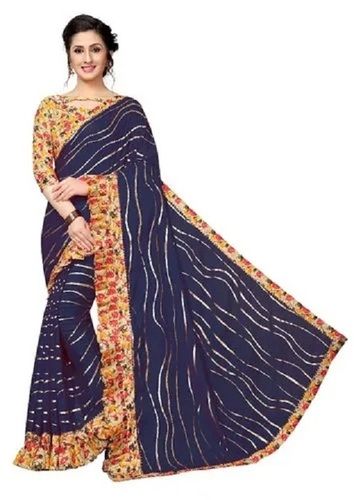 Blue Casual Wear Lightweight Leheriya Printed Designer Ruffle Silk Saree With Blouse Piece