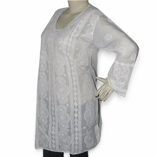 Ladies Lucknowi Full Sleeves Chikan Kurti For Casual Wear