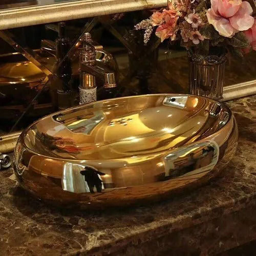 Crack Resistance Eye Catching Look Imported Gold Ceramic Washbasin