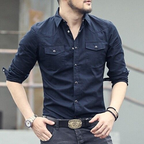 Men Full Sleeves Plain Denim Shirt For Casual Wear