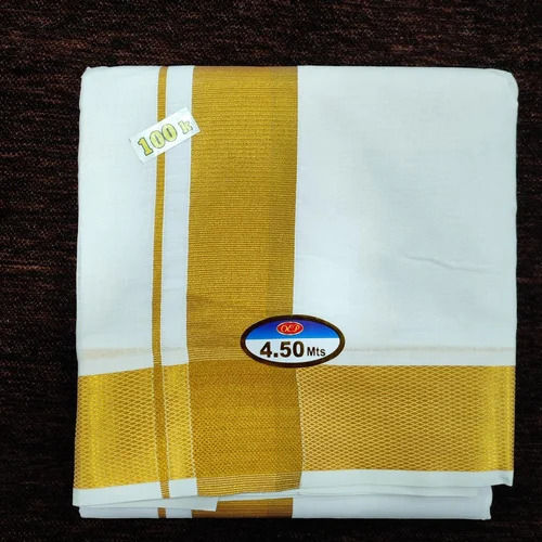 White Plain Pattern With Zari Border Gents Cotton Dhoti For Casual Wear