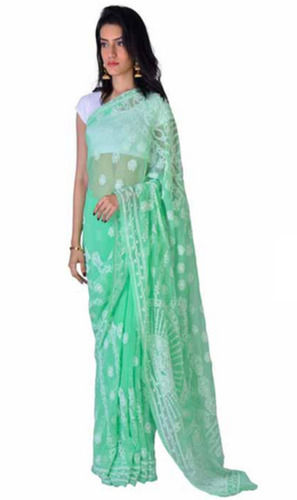 Teal Hand Embroidery Laces Closure Chikankari Designer Georgette Saree