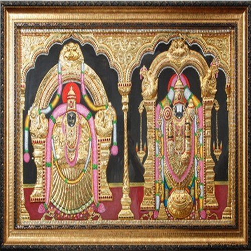 Teak Wood Material Medium Size Padmavathi Balaji Tanjore Painting 