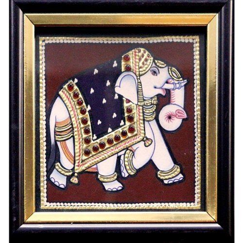 Teak Wood Rectangular Shape Medium Size Elephant Tanjore Painting