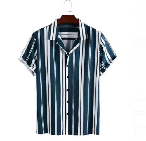 Easy To Clean Casual Wear Washable Short Sleeves Striped Printed Cotton Mens Shirt