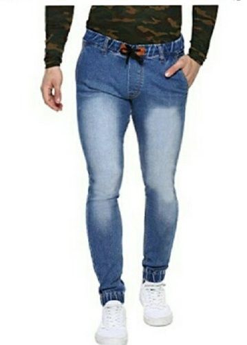 Blue Faded Denim Slim Fit Casual Wear Drawstring Mens Joggers Jeans