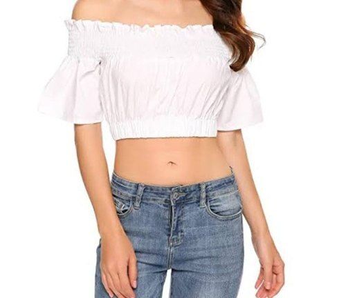 Multi Color Half Sleeves Off Shoulder Neck Plain Pattern Casual Wear Ladies Crop Tops 