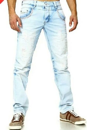 Sky Blue Ripped Denim Skin Friendly Regular Fit Casual Wear Mens Jeans