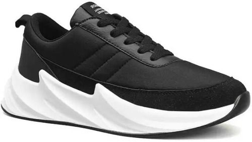 Black And White Lightweight Round Toe Rubber Sole Synthetic Lace-Up Sport Shoes 