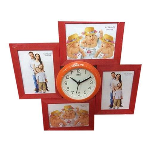 Red Rectangular Glossy Modern Collage Plastic Photo Frame With Wall Clock 