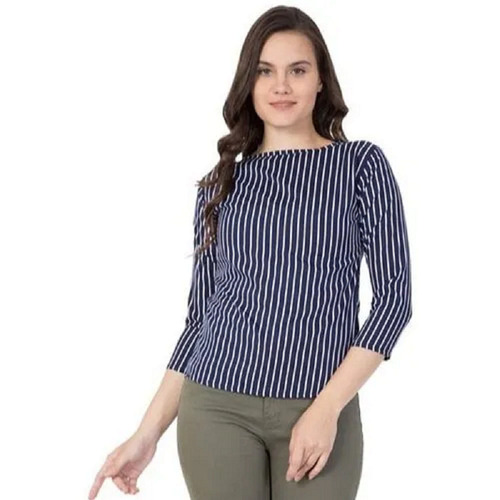 Cotton Striped Casual Top - XS to XXL, Blue and White Color | Lightweight, Breathable Fabric, Relaxed Fit, Round Neckline, Full Sleeves, Dropped Shoulders