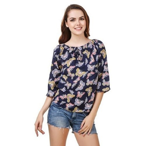 Comfortable Soft Polyester 3/4 Sleeves Ladies Casual Wear Butterfly Printed Top - 16 Inch Length, Multi Color Lace Closure , Relaxed Fit for Everyday Use