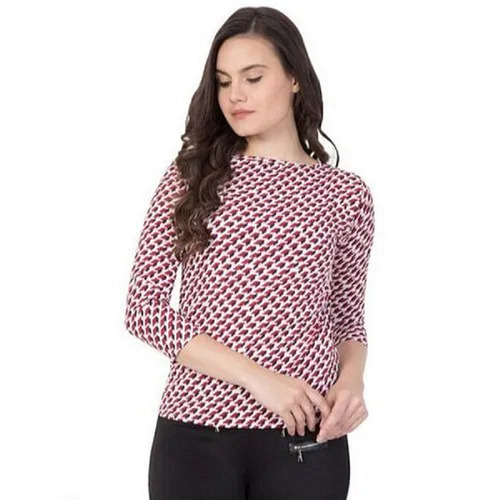Ladies Fancy Comfortable Cotton Printed 3/4 Sleeves Round Neckline Casual Top - Lightweight, 18 Inch Length, Multi Color | Unique Geometric & Floral Pattern, Versatile Loose Cut