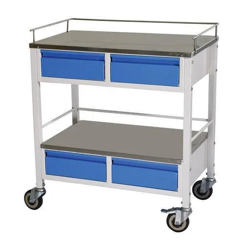 Mild Steel Medicine Trolley For Hospitals, Two Drawers Under Each Shelf