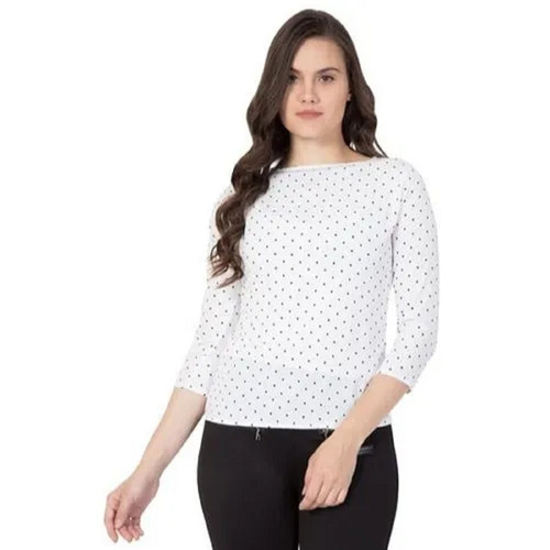 Polyester No-Shrinkage Soft Comfortable Casual Wear Ladies Dotted Printed Top - 16 Inch Length, White Color, Relaxed Fit, 3/4 Sleeves