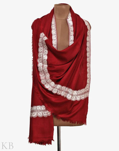 Maroon And Silver Party Wear Lightweight Embroidered Cashmere Pashmina Shawl