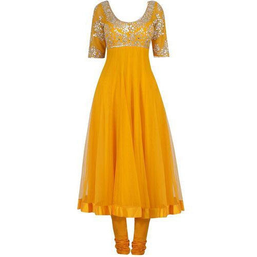 Ladies Party Wear Short Sleeve Stone Design Yellow Anarkali Suit