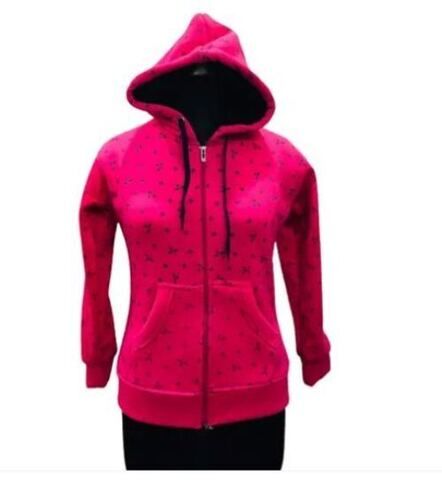 Multi Color Full Sleeves Hooded Neck Printed Pattern Cotton Fabric Zipper Closure Ladies Jacket  Equipment Materials: Metal