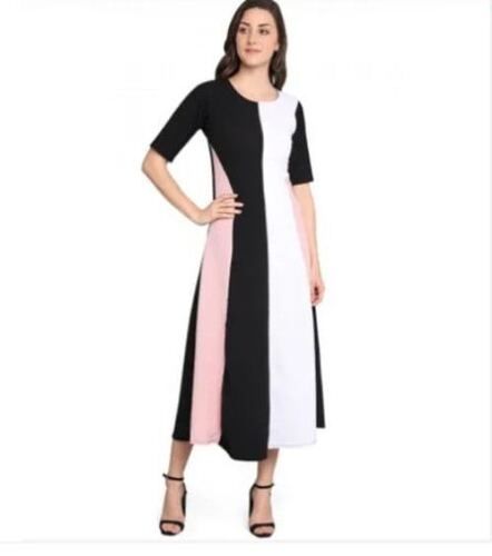 Multi Color Half Sleeves Round Neck Striped Pattern Regular Fit Ladies Long Dress Injection