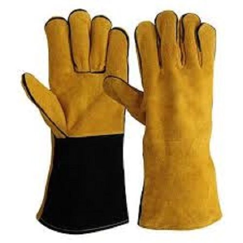 Black With Yellow Leather Full Finger Cotton Safety Gloves Industrial